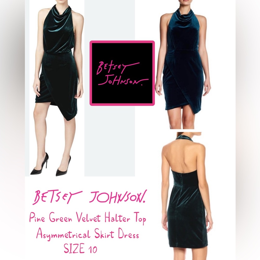 Betsey Johnson Pine Green Velvet Backless Halter Top Dress. Size 10.